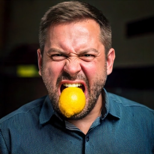 Ein Mensch ist wütend und beisst in eine Zitrone